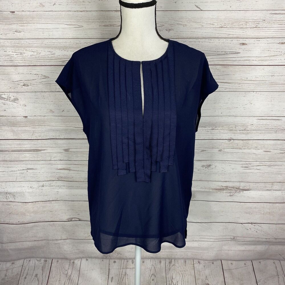 J.CREW Women's Grosgrain Ribbon Front Blouse Top Size 2 Navy Blue Cap Sleeve
